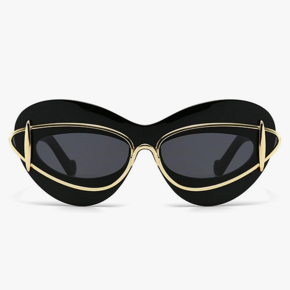 Black Cat-Eye Sunglasses with Gold Trim - Women